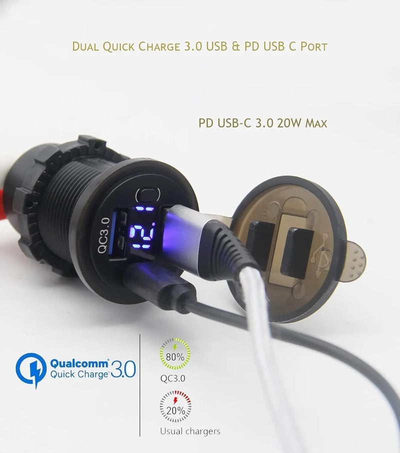 Y&D Dual USB QC3.0 PD USB C Car Charger Socket - 12V USB Outlet with Voltmeter & Power Switch - Automobile Charger for Car, Boat, Marine, Truck - Image 3
